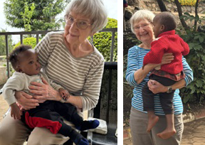 In the photo, Pat L. interacts with a toddler and little boy at Samaritan Village Orphanage, in Tanzania, Africa.